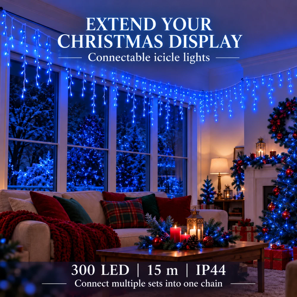Lighthouse Kalėdinė LED girlianda-varvekliai, 300 LED, 15 m, mėlyna, IP44, Flash