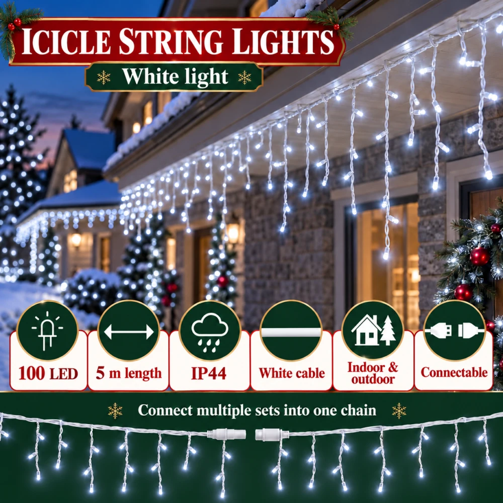 Lighthouse Kalėdinė LED girlianda-varvekliai, 100 LED, 5 m, balta, IP44, Flash