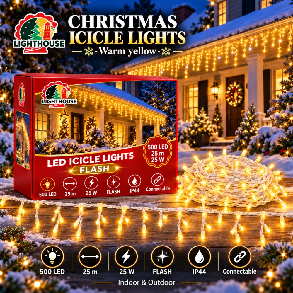 Lighthouse Kalėdinė LED girlianda-varvekliai, 500 LED, 25 m, geltona, IP44, Flash