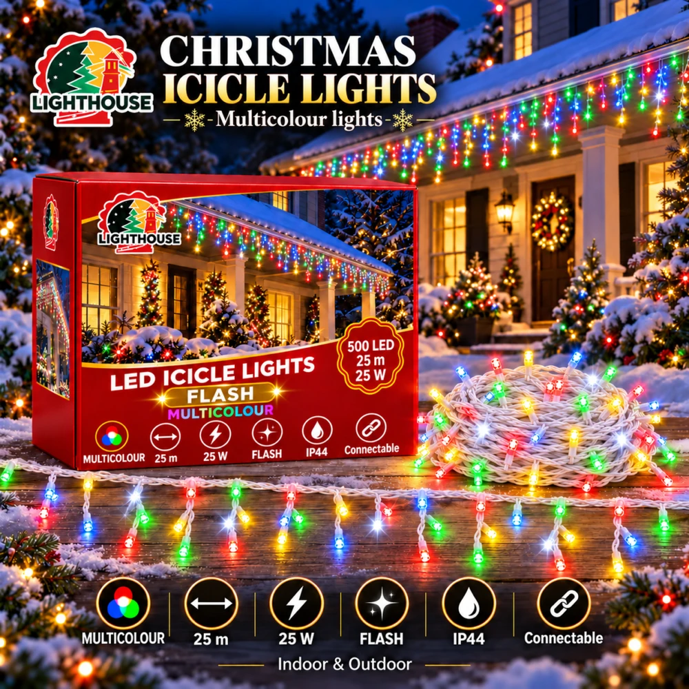 Lighthouse Kalėdinė LED girlianda-varvekliai, 500 LED, 25 m, įvairių spalvų, IP44, Flash