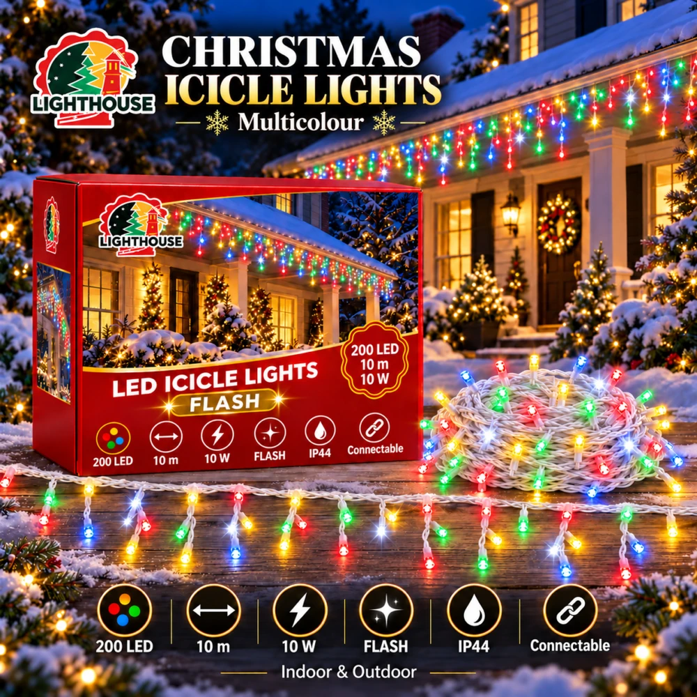Lighthouse Kalėdinė LED girlianda-varvekliai, 200 LED, 10 m, įvairių spalvų, IP44, Flash