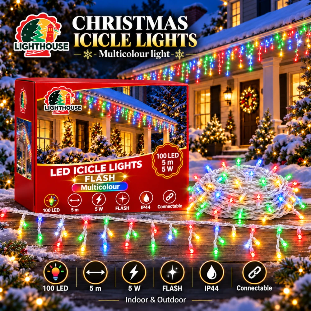 Lighthouse Kalėdinė LED girlianda-varvekliai, 100 LED, 5 m, įvairių spalvų, IP44, Flash