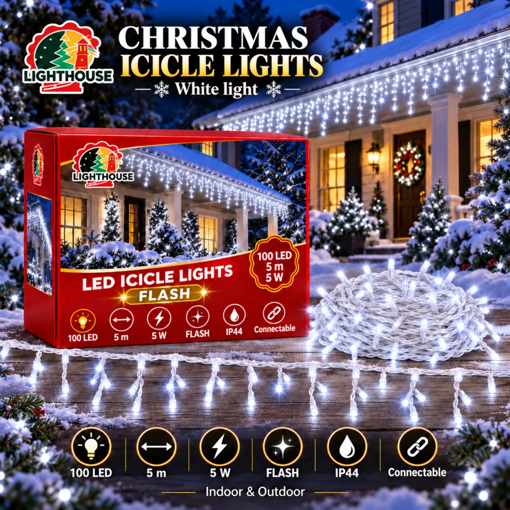 Lighthouse Kalėdinė LED girlianda-varvekliai, 100 LED, 5 m, balta, IP44, Flash