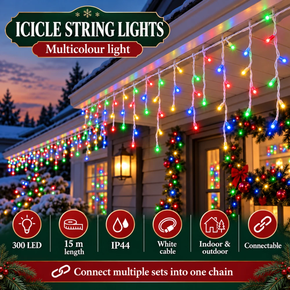 Lighthouse Kalėdinė LED girlianda-varvekliai, 300 LED, 15 m, įvairių spalvų, IP44, Flash