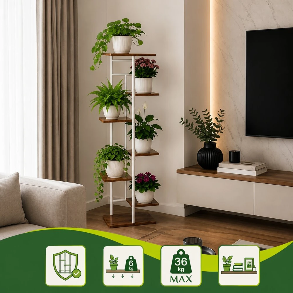 Metalinis gėlių stovas 120 cm, 7 lentynos, MDF