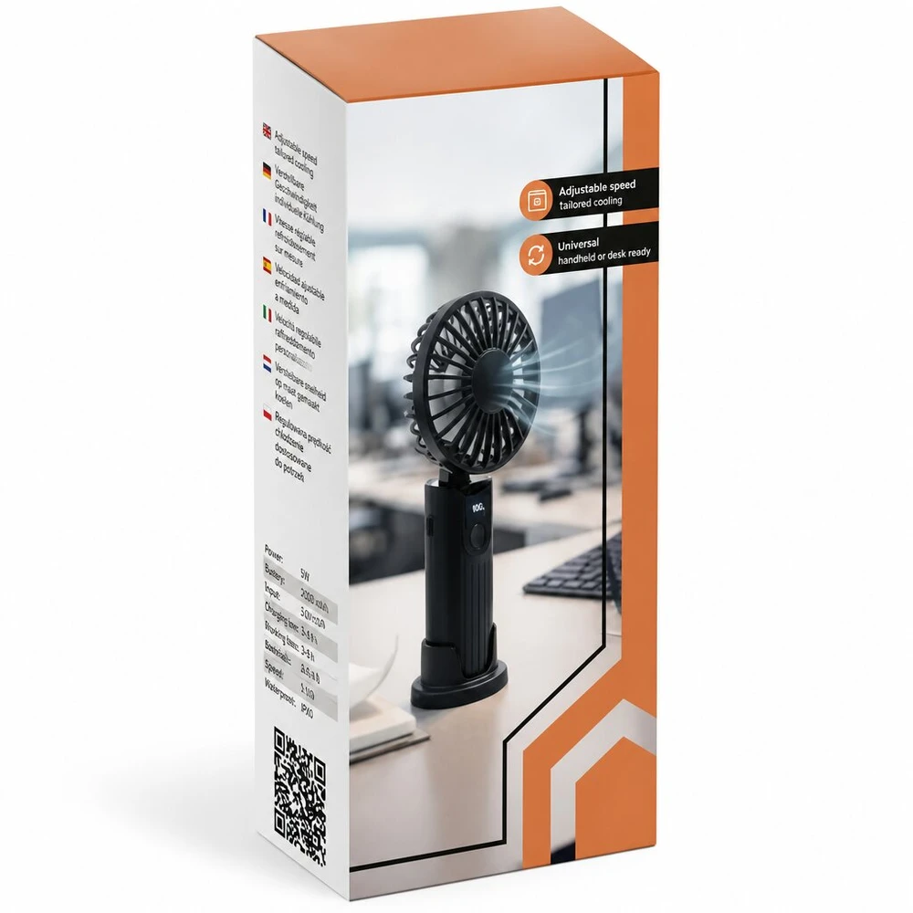 Mini rankinis ventiliatorius juodas, 2400 mAh, USB-C įkrovimas
