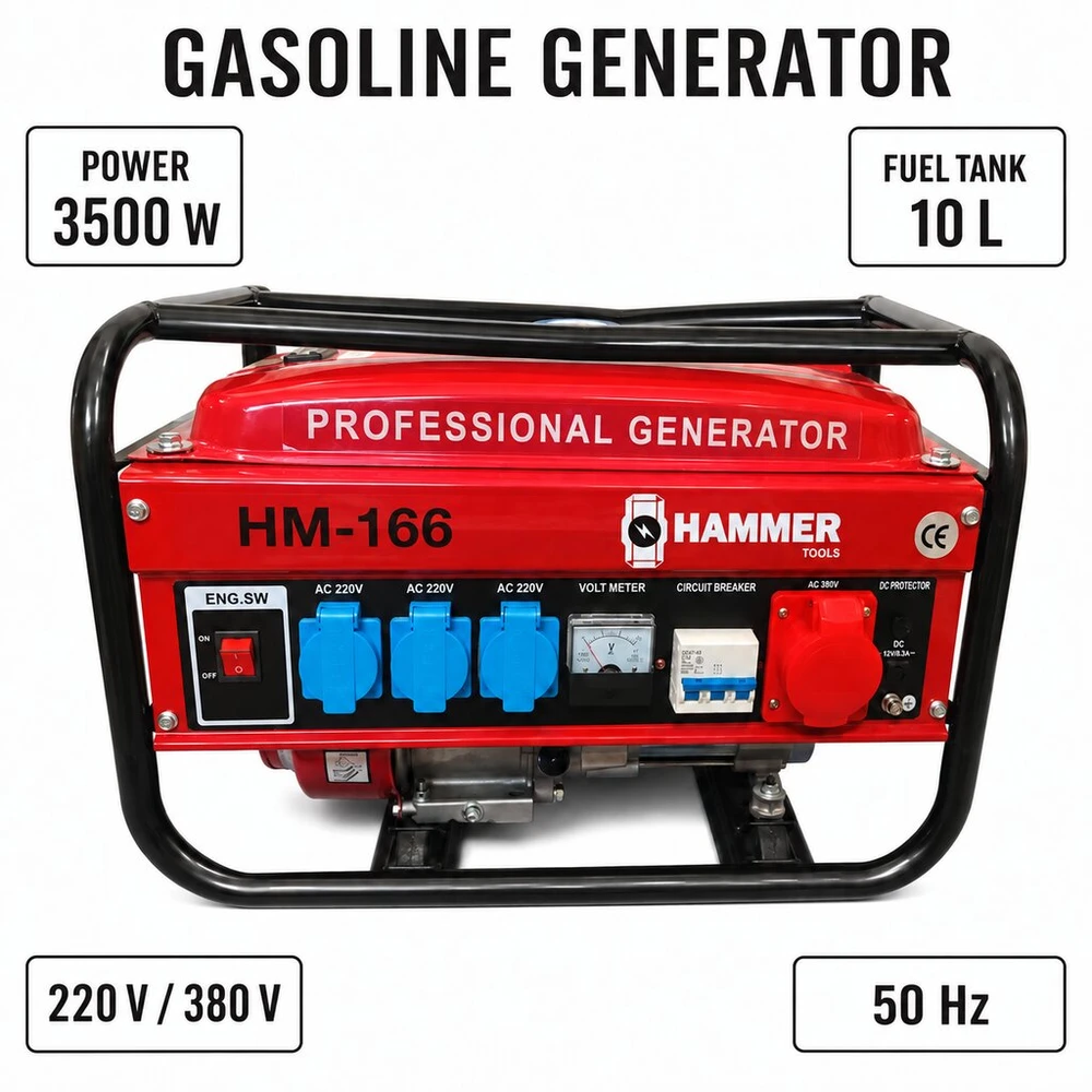 Benzininis generatorius Hammer HM-166 su 50 m ilginamuoju laidu