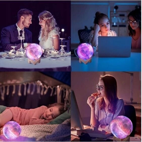 Naktinė lempa 3D mėnulis su RGB apšvietimu ir pulteliu, 15 cm