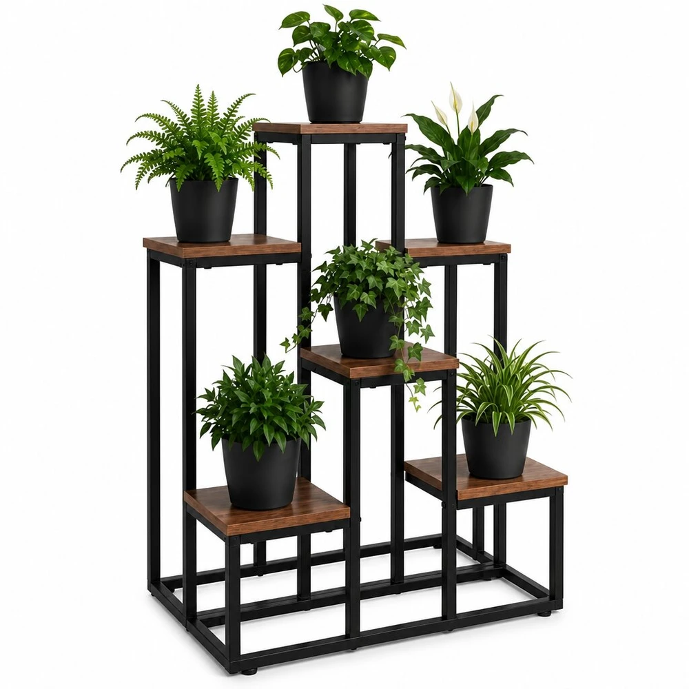 Pastatomas metalinis gėlių stovas 67 cm, 6 lentynos, MDF lentynos