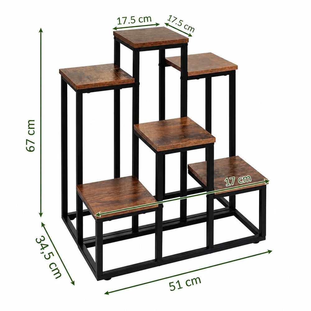 Pastatomas metalinis gėlių stovas 67 cm, 6 lentynos, MDF lentynos