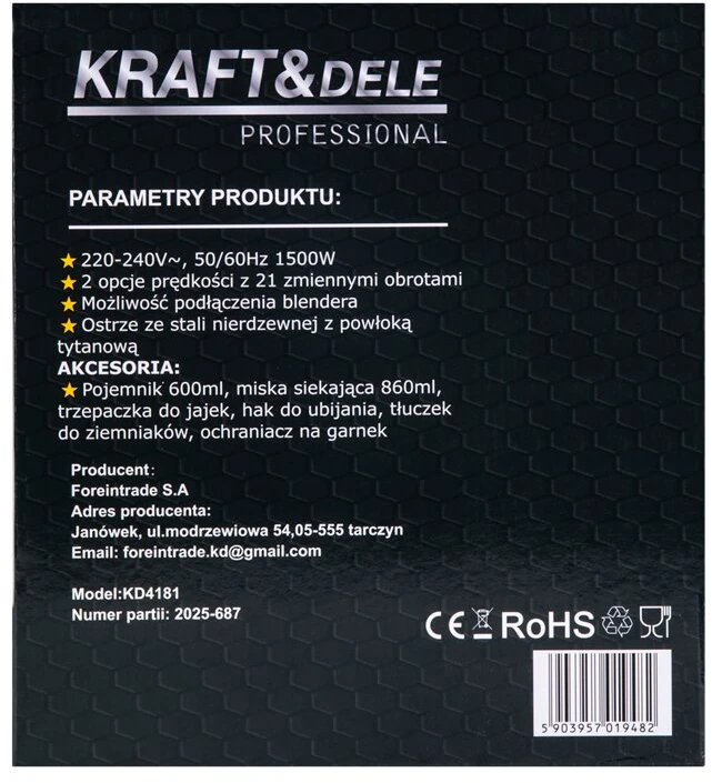 Kraftdele Plakiklis Rankinis, elektrinis plakiklis, smulkintuvas KD4181 + priedai 1500 W Kraft &amp; Dele