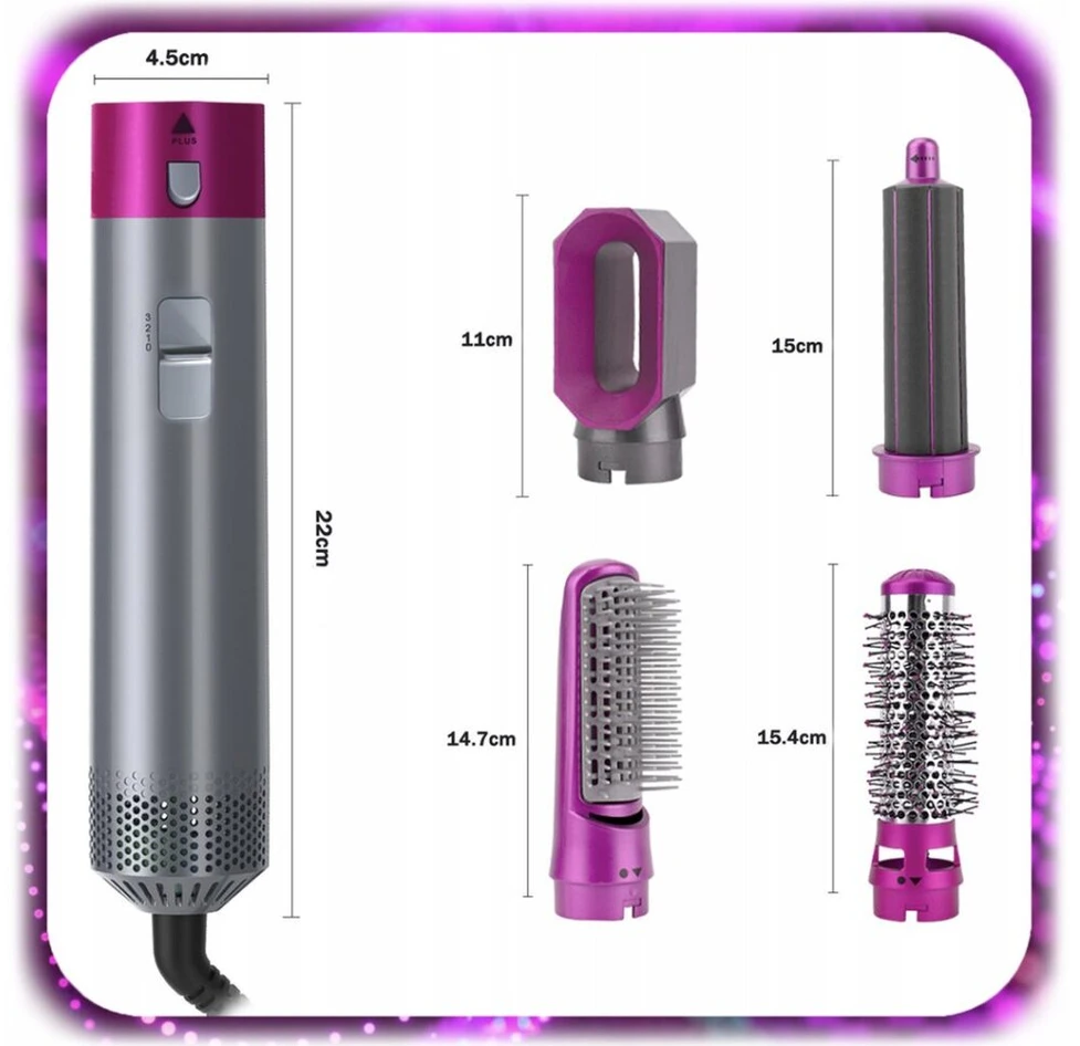 Plaukų džiovintuvas Plaukų formavimo šukos- fenas su 5 skirtingais formavimo priedais, 1100 W, spalva: pilka, rožinė