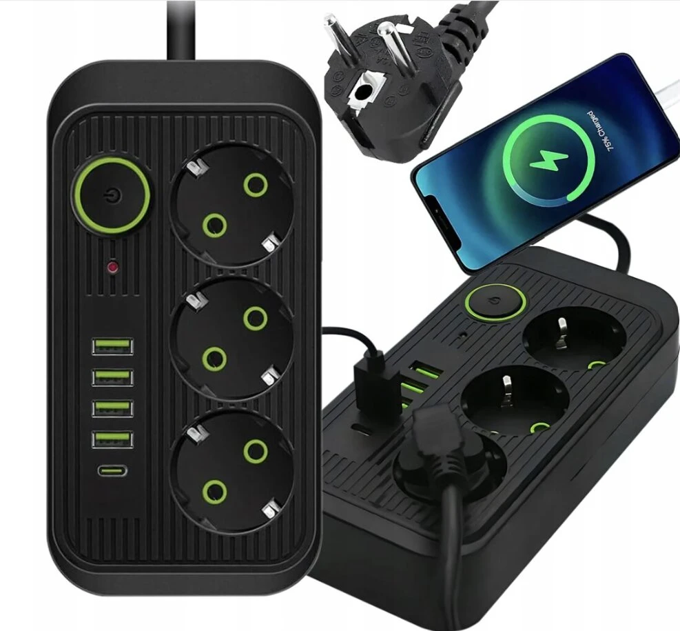 Prailginimo laidas, 2m., su USB ir Type C jungtimis bei 3 kištukais, spalva: juoda