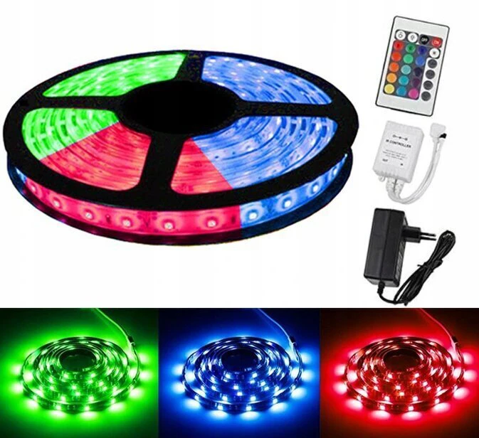 5 m RGB LED juosta + nuotolinio valdymo pultas + maitinimo šaltinis - vandeniui atspari LED juosta