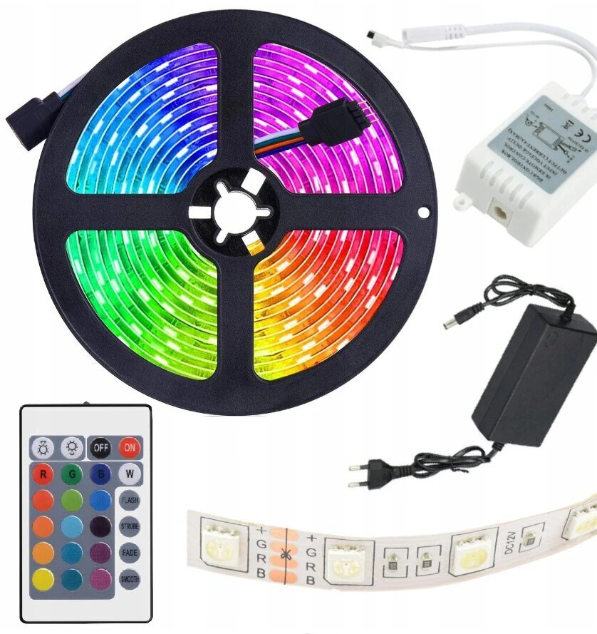 5 m RGB LED juosta + nuotolinio valdymo pultas + maitinimo šaltinis - vandeniui atspari LED juosta