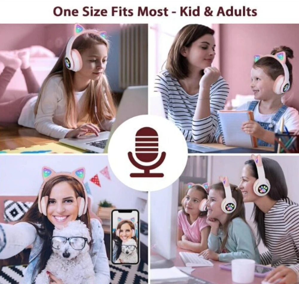 Rožinės belaidės ausinės su ausimis katės su bluetooth