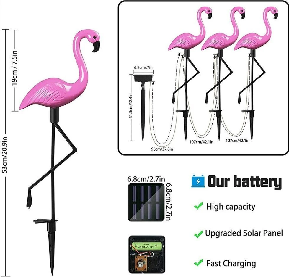Saulės energijos įkraunamas LED sodo šviestuvų rinkinys - flamingai, 3 vnt, 53cm