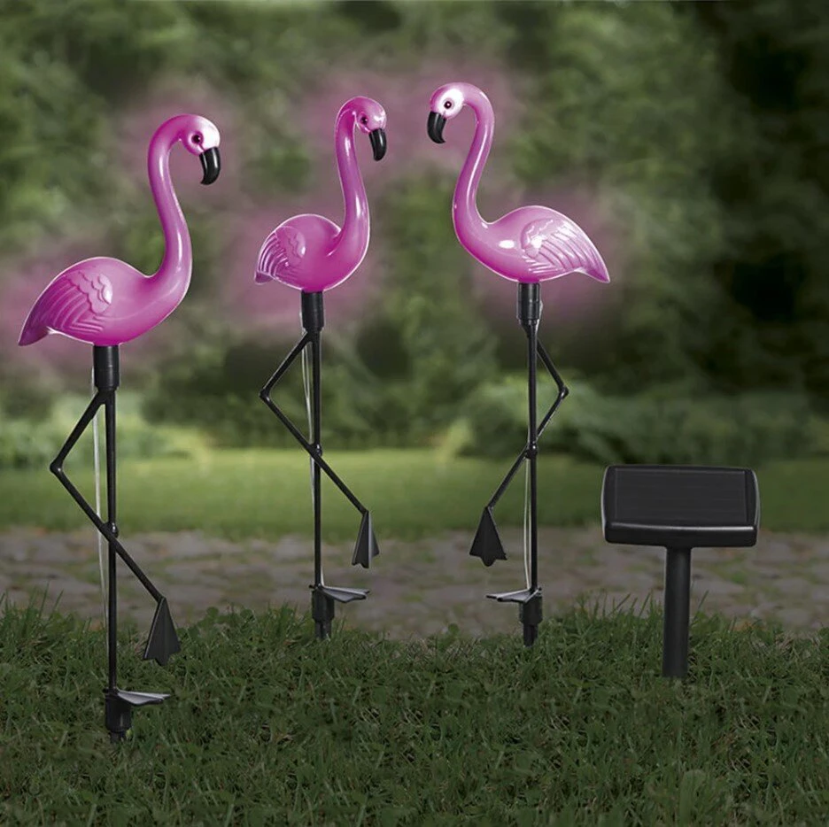 Saulės energijos įkraunamas LED sodo šviestuvų rinkinys - flamingai, 3 vnt, 53cm