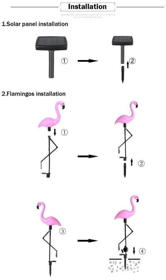 Saulės energijos įkraunamas LED sodo šviestuvų rinkinys - flamingai, 3 vnt, 53cm