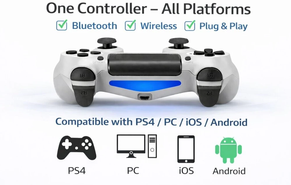 Žaidimų pultelis Belaidis žaidimų pultelis DS4 W ProGrip Baltas – tinka PS4, PC, Android ir iOS, spalva: balta
