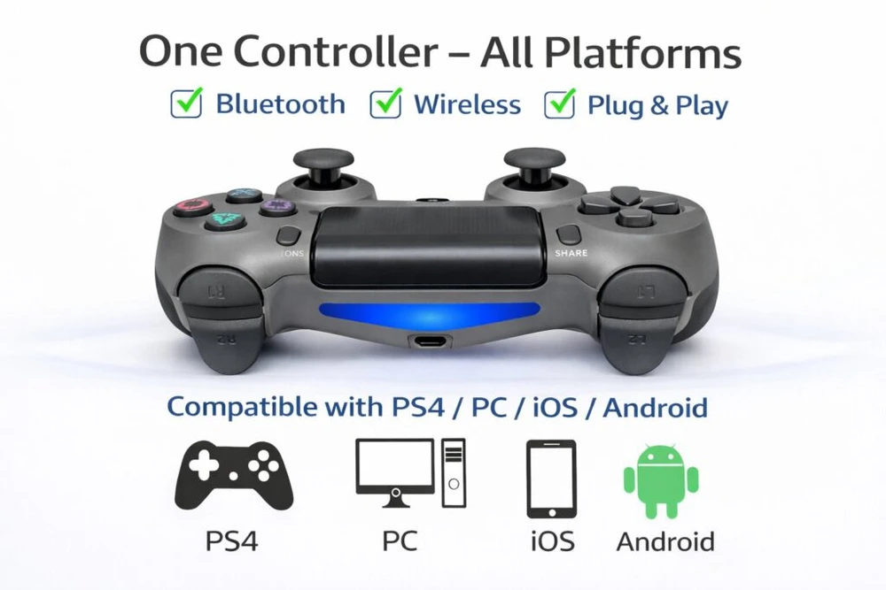 Žaidimų pultelis Belaidis žaidimų pultelis DS4 W ProGrip Steel juodas – tinka PS4, PC, Android ir iOS, spalva: pilka