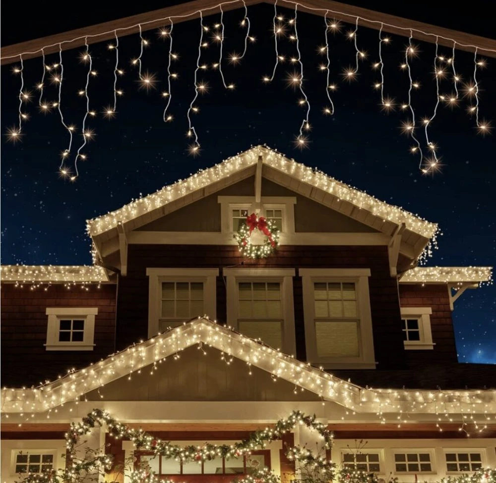 Šiltai baltos spalvos, 25m. lauko girlianda varvekliai, skirtingi šviesos rėžimai, 500LED flash