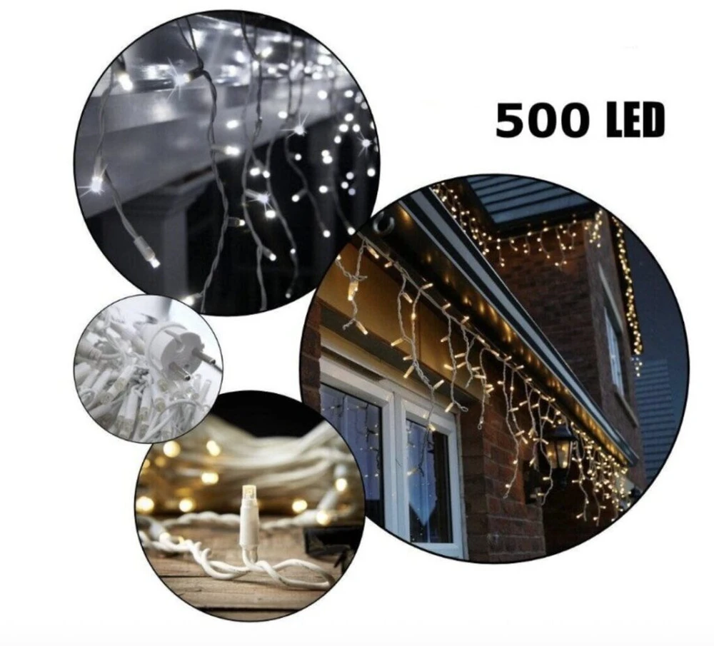 Šiltai baltos spalvos, 25m. lauko girlianda varvekliai, skirtingi šviesos rėžimai, 500LED flash