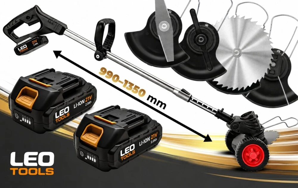 Akumuliatorinis trimeris, žoliapjovė Leo 3in1 su ratukais, 2 x 21 V Leo Tools, 650 W