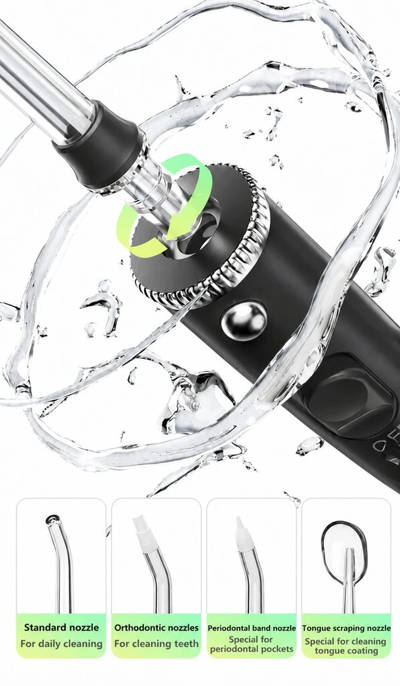 Stalinis burnos irigatorius YBK T1, 600 ml, 10 slėgio lygių, 4 antgaliai, juodas