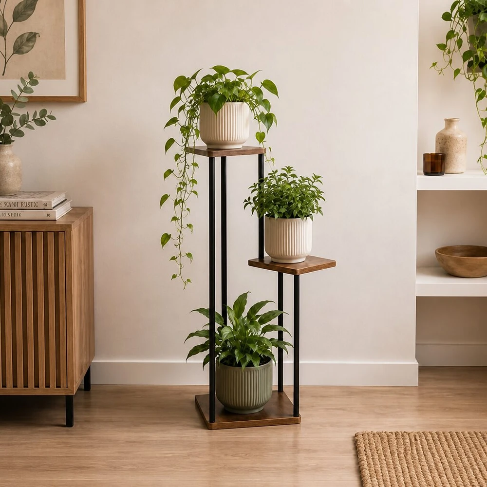 Stovintis gėlių stovas 78 cm, 3 lentynos MDF, metalinis rėmas