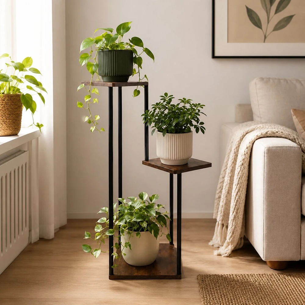 Stovintis gėlių stovas 78 cm, 3 lentynos MDF, metalinis rėmas