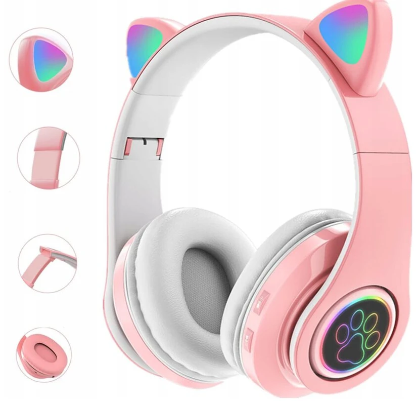 Universalios belaidės ausinės vaikams su katės ausimis, LED, bluetooth
