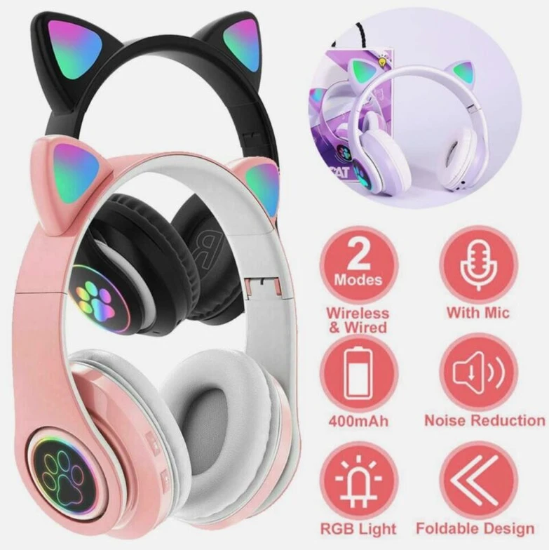Universalios belaidės ausinės vaikams su katės ausimis, LED, bluetooth