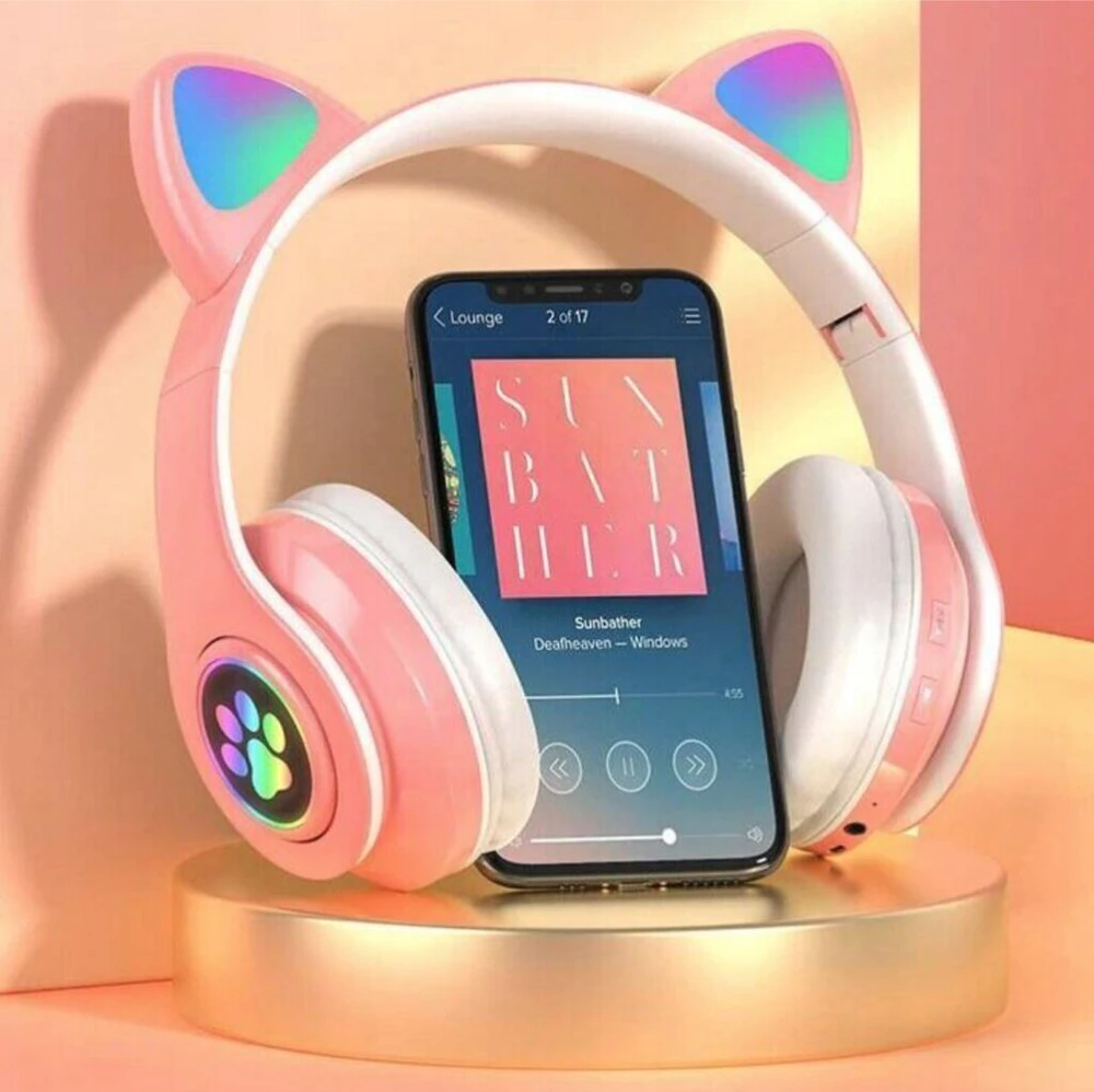Universalios belaidės ausinės vaikams su katės ausimis, LED, bluetooth