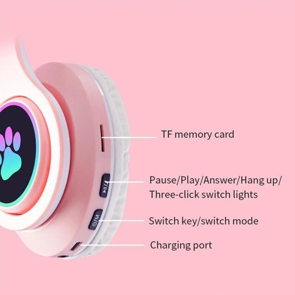Universalios belaidės ausinės vaikams su katės ausimis, LED, bluetooth