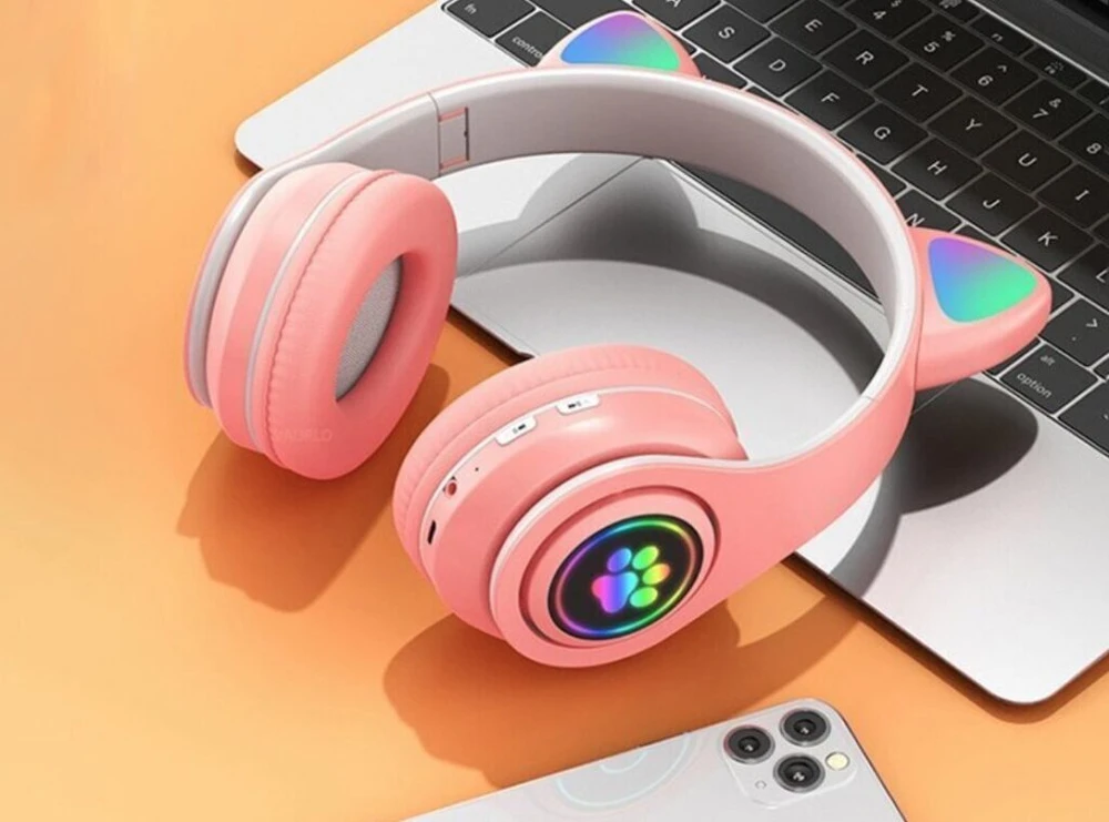 Universalios belaidės ausinės vaikams su katės ausimis, LED, bluetooth