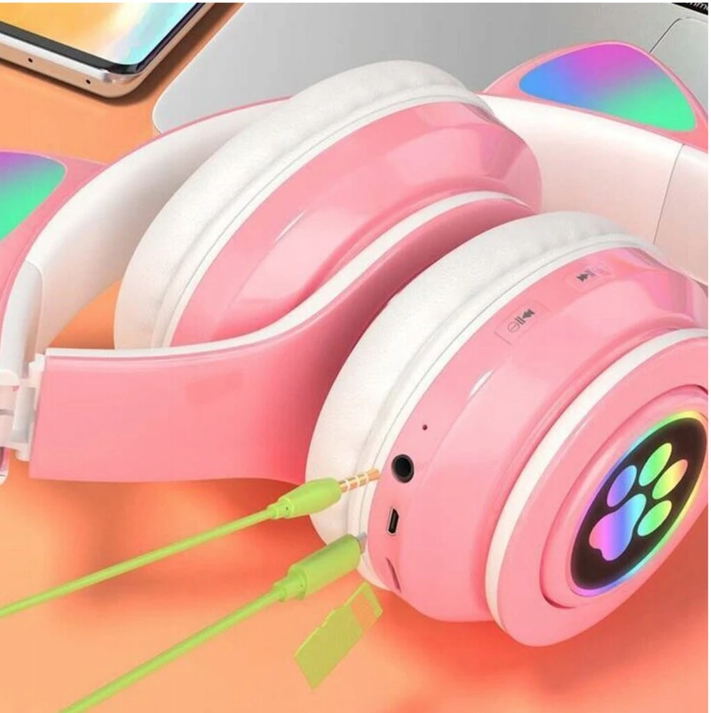 Universalios belaidės ausinės vaikams su katės ausimis, LED, bluetooth