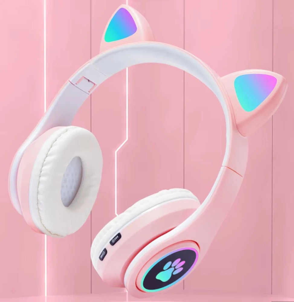 Vaikiškos ausinės katytės ausytės su bluetooth rožinės