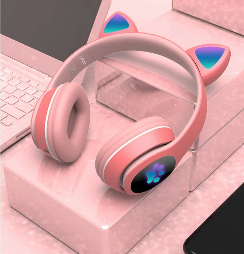 Vaikiškos ausinės katytės ausytės su bluetooth rožinės