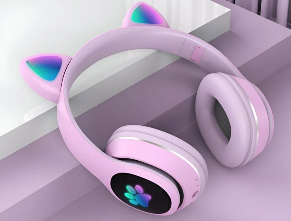 Vaikiškos ausinės katytės ausytės su bluetooth rožinės