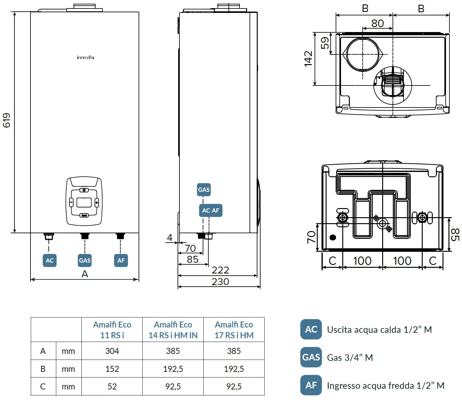 Dujinis vandens šildytuvas Innovita Amalfi Eco 14 RS i HM (24,0 kW) MTN+LPG (-15 laipsnių) aprašymas - Prekės nuotrauka