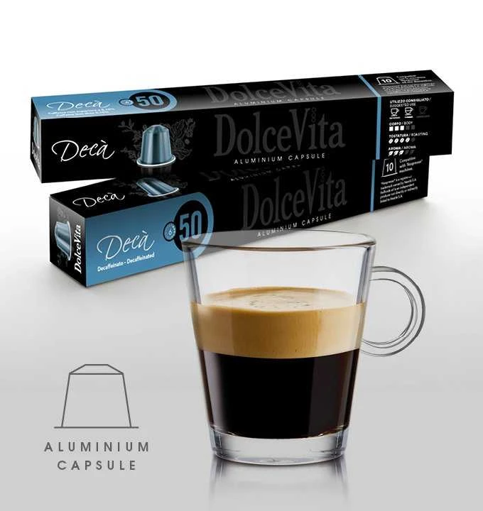 Dolce Vita Decaffeinato — be kofeino kavos kapsulės 10vnt. (60% Arabica, aliumininės) (tinka Nespresso* sistemai)