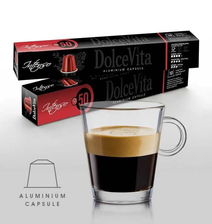 Dolce Vita Intenso — intensyvios stiprios kavos kapsulės 10vnt. (50% Arabica, aliumininės) (tinka Nespresso* sistemai)