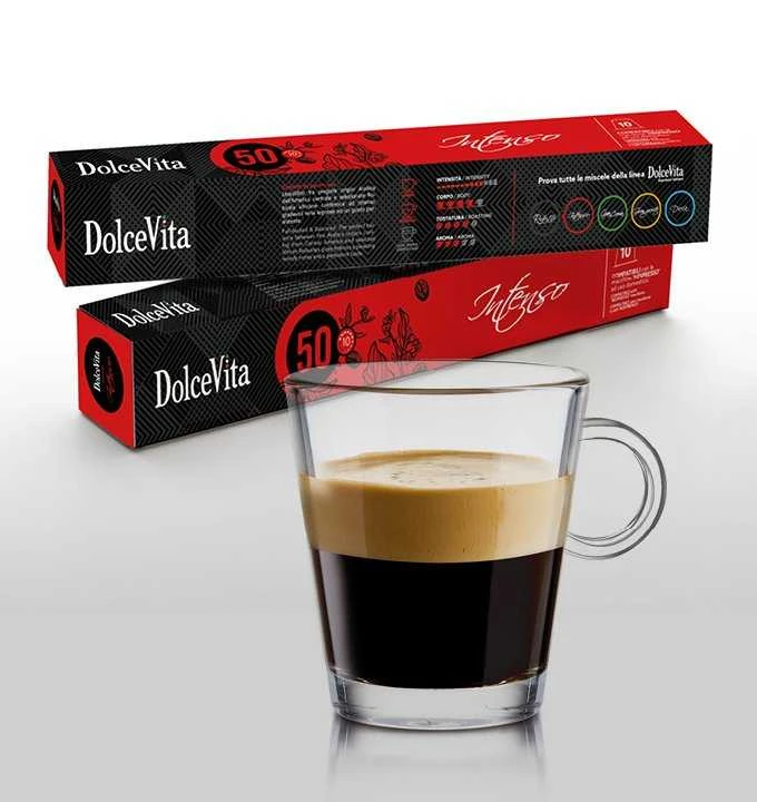 Dolce Vita Intenso — intensyvios stiprios kavos kapsulės 10vnt. (50% Arabica) (tinka Nespresso* sistemai)