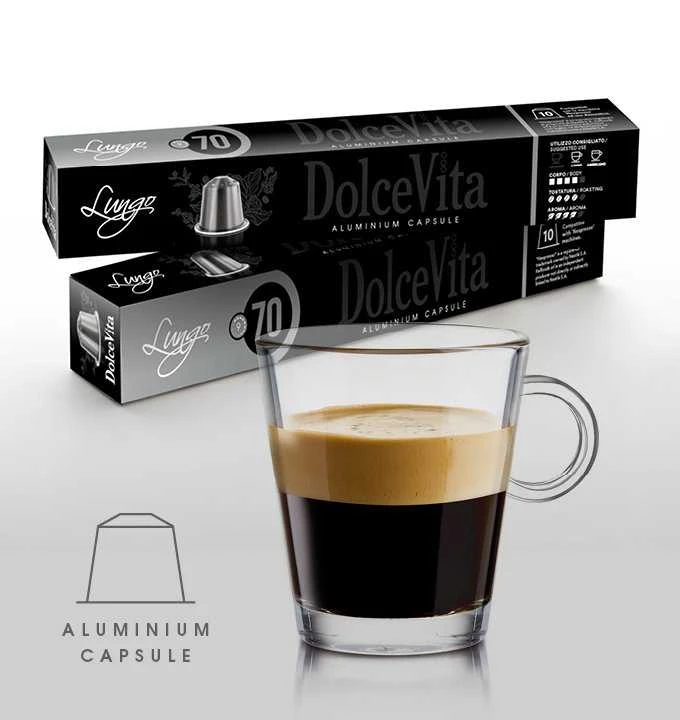 Dolce Vita Lungo — lungo kavos kapsulės 10vnt. (70% Arabica, aliumininės) (tinka Nespresso* sistemai)