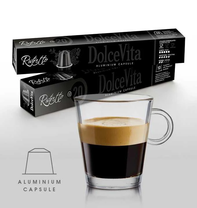 Dolce Vita Ristretto — ristretto kavos kapsulės 10vnt. (20% Arabica, aliumininės) (tinka Nespresso* sistemai)