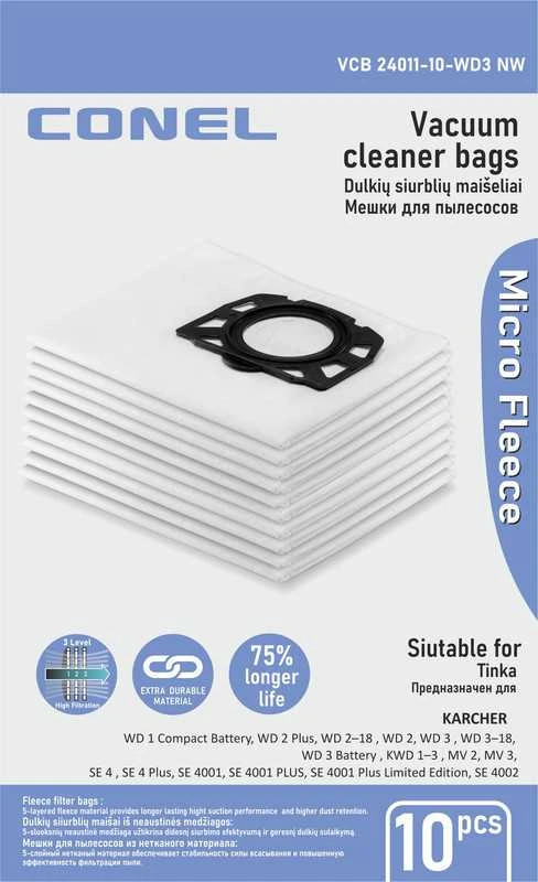 Conel Dulkių maišeliai KARCHER WD 1 / WD 2 / WD 3 / SE 4 / KWD dulkių siurbliams - 10 vnt.