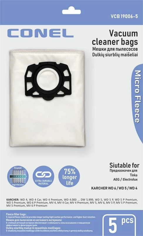 Conel Dulkių maišeliai KARCHER WD 6 / WD 5 / WD 4 / MV 6 / MV 5 / MV 4 dulkių siurbliams - 5 vnt.