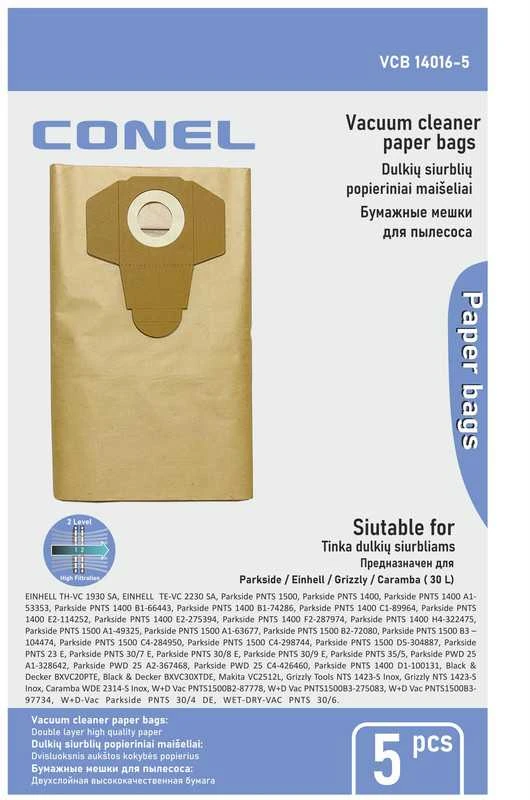 Conel Dulkių maišeliai Parkside / Einhell / Grizzly / Caramba dulkių siurbliams. 30 L - 5 vnt.