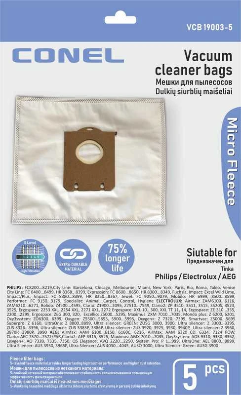 Conel Dulkių maišeliai Philips / Electrolux / AEG / S-Bag dulkių siurbliams - 5 vnt.